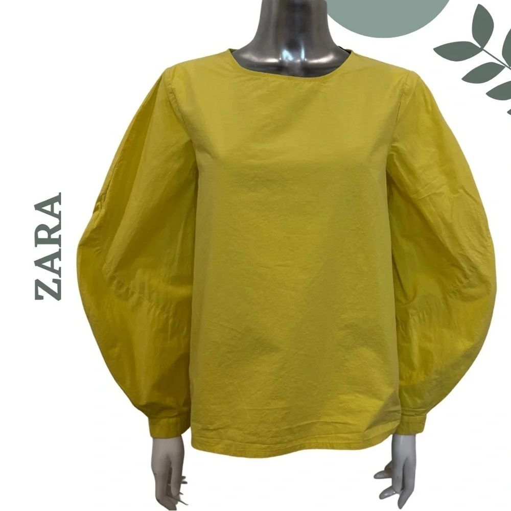 🛍️3/$40 ZARA Collection Yellow Poplin Cotton Balloon Sleeve Blouse – Size Small - Picture 3 of 7
